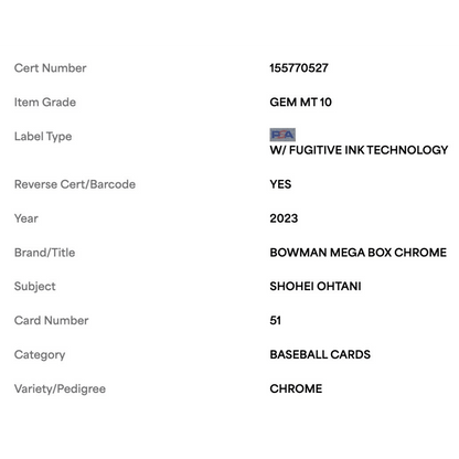 Shohei Ohtani PSA 10 2023 Bowman Mega Box Chrome Card #51