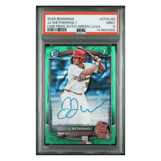 JJ Wetherholt PSA 9 2025 Topps Bowman Chrome Prospect Autograph Green Lava #d/ 99 Card #CPAJW