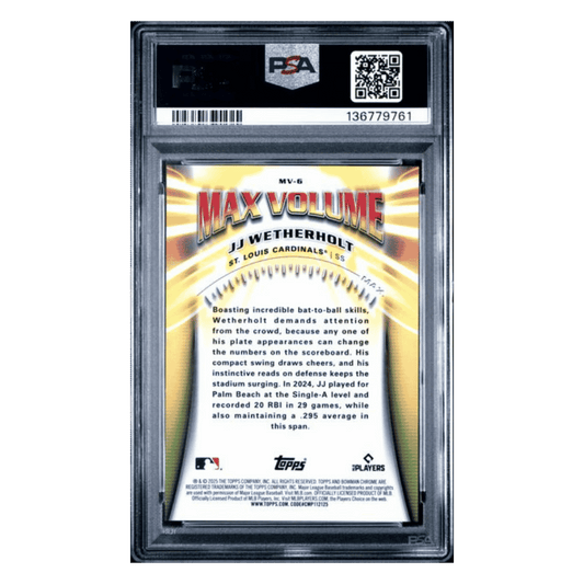 JJ Wetherholt PSA 9 2025 Topps Bowman Chrome Max Volume Orange Refractor #d/ 25 Card #MV-6