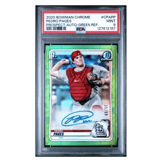 Pedro Pages PSA 9 2020 Topps Chrome Prospect Autograph Green Refractor #d/ 99 Card #CPAPP