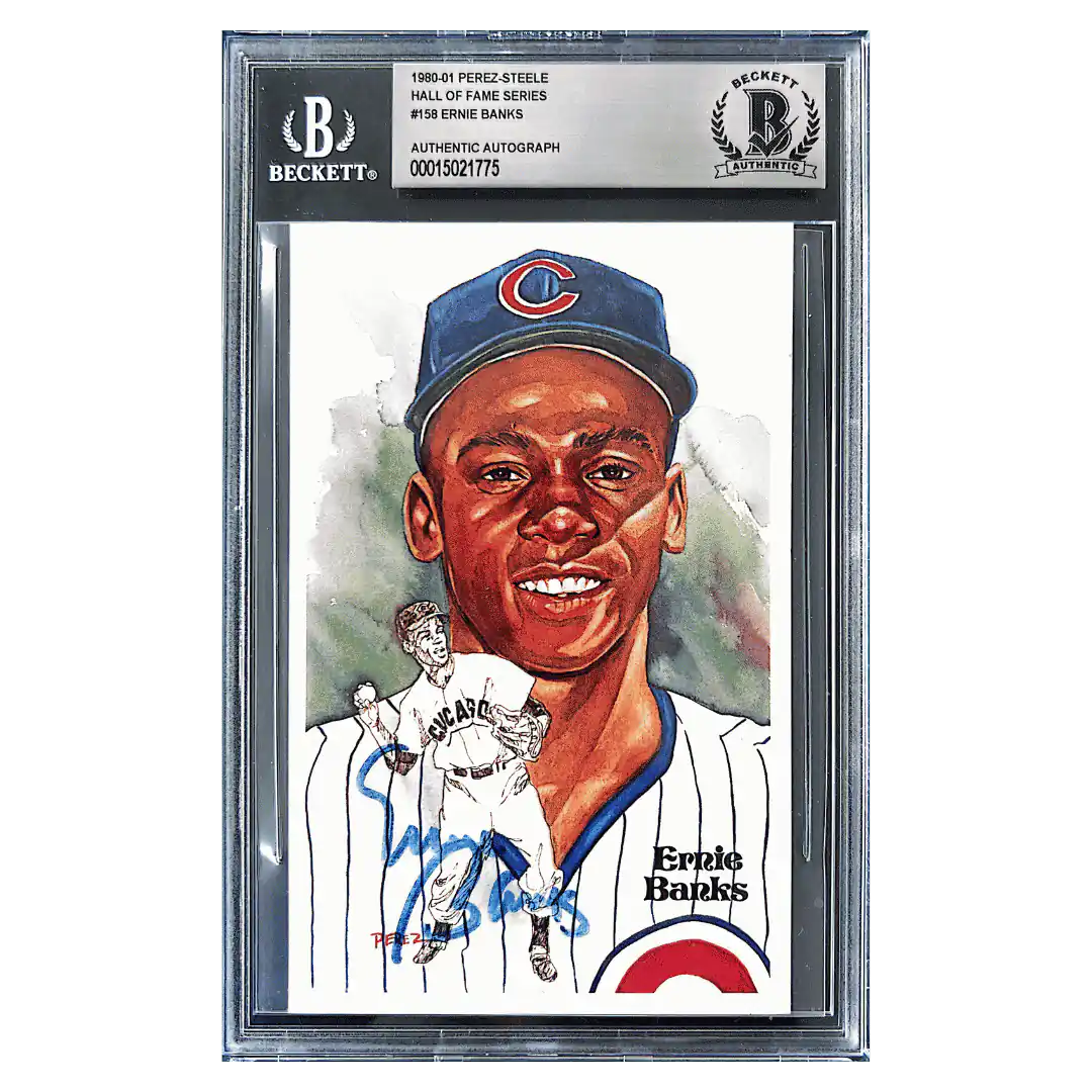 Ernie Banks 1980-81 Perez Steele Hall Of Fame Series Autograph Postcard #158