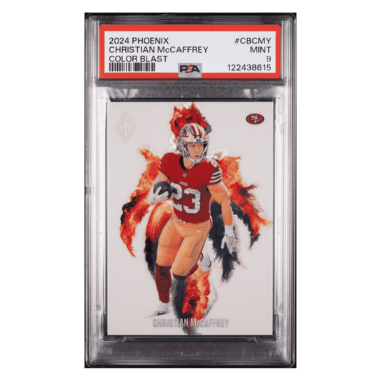 Christian McCaffrey PSA 9 2024 Panini Phoenix Color Blast Case Hit Card #CBCMY