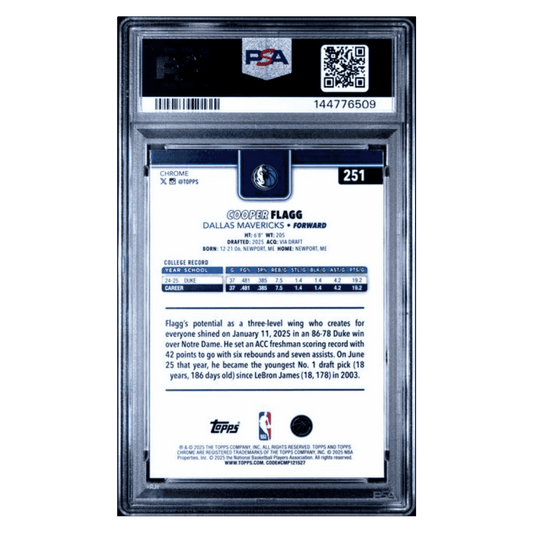 Cooper Flagg PSA 10 2025 Topps Chrome Pulsar Rookie RC Card #251
