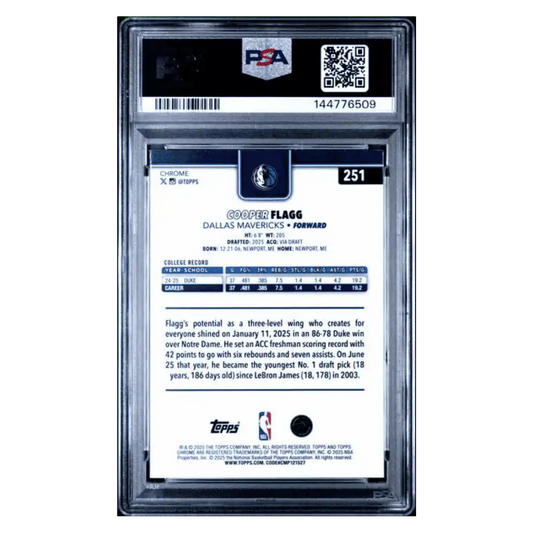 Cooper Flagg PSA 10 2025 Topps Chrome Pulsar Rookie RC Card #251
