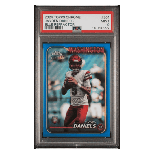 Jayden Daniels PSA 9 2024 Topps Chrome Blue Refractor Rookie RC #d/ 150 Card #201