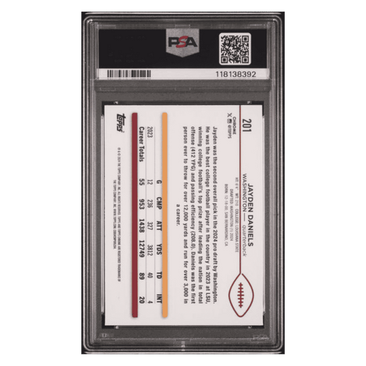 Jayden Daniels PSA 9 2024 Topps Chrome Blue Refractor Rookie RC #d/ 150 Card #201