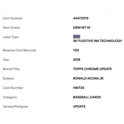 Ronald Acuna Jr PSA 10 2018 Topps Chrome Update Rookie RC Card #HMT25