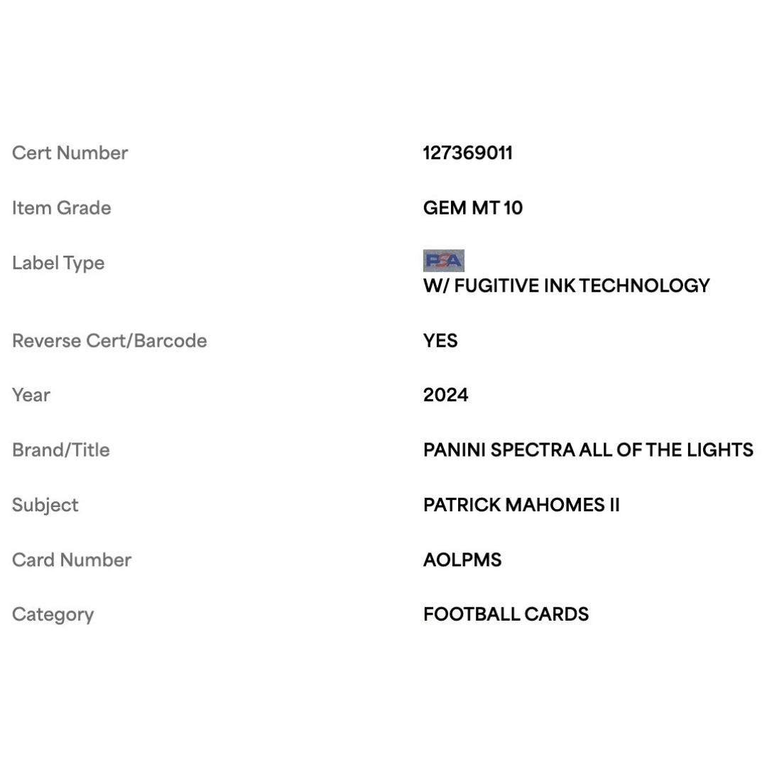 Patrick Mahomes PSA 10 2024 Panini Spectra All of the Lights Card #AOLPMS