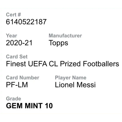 Lionel Messi CGC 10 2020-21 Topps Finest UEFA CL Prized Footballers Card #PF-LM