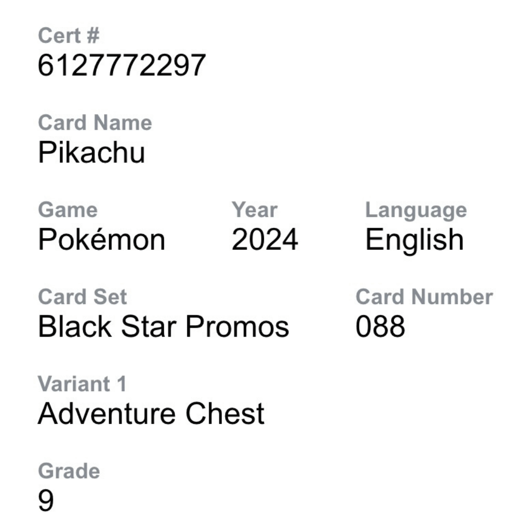 Pikachu CGC 9 2024 Pokemon Black Star Promos Adventure Chest Card #088