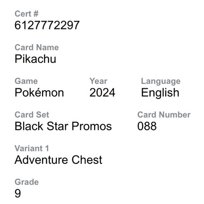 Pikachu CGC 9 2024 Pokemon Black Star Promos Adventure Chest Card #088