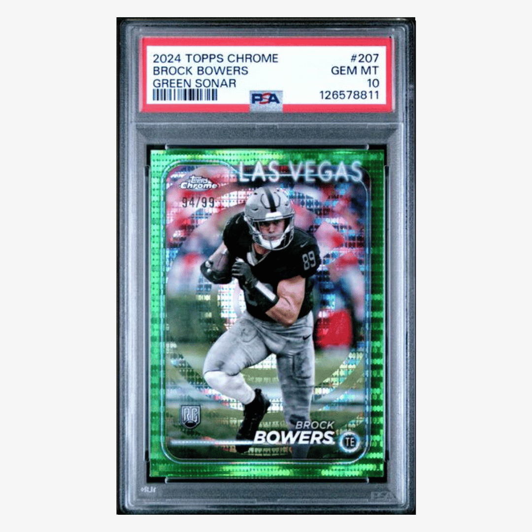 Brock Bowers PSA 10 2024 Topps Chrome Green Sonar Rookie RC #d/ 99 Card #207