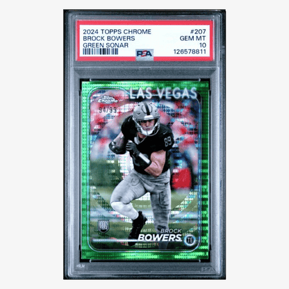 Brock Bowers PSA 10 2024 Topps Chrome Green Sonar Rookie RC #d/ 99 Card #207