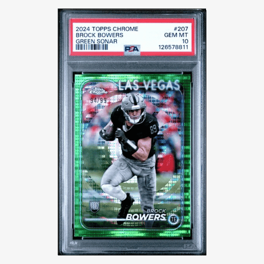 Brock Bowers PSA 10 2024 Topps Chrome Green Sonar Rookie RC #d/ 99 Card #207