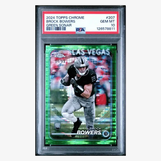 Brock Bowers PSA 10 2024 Topps Chrome Green Sonar Rookie RC #d/ 99 Card #207