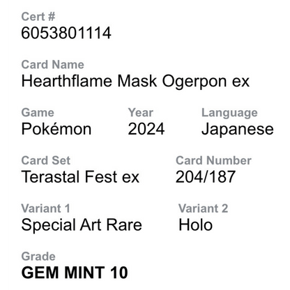 Hearthflame Mask Ogerpon ex CGC 10 2024 Pokemon Terastal Festival ex Special Art Rare Holo Card #204/187
