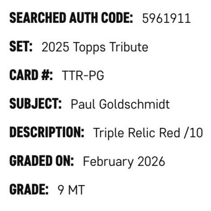 Paul Goldschmidt SGC 9 2025 Topps Tribute Triple Relic Red #d/ 10 Card #TTR-PG