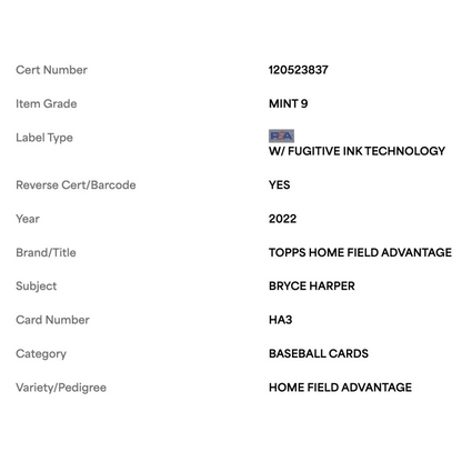 Bryce Harper PSA 9 2022 Topps Home Field Advantage Case Hit Card #HA3
