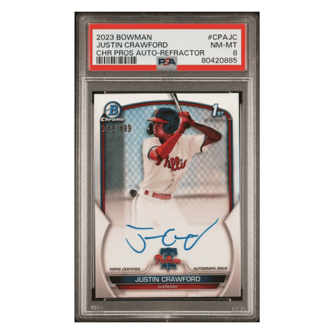 Justin Crawford PSA 8 2023 Topps Bowman Chrome Prospects Autograph Refractor #d/ 499 Card #CPAJC