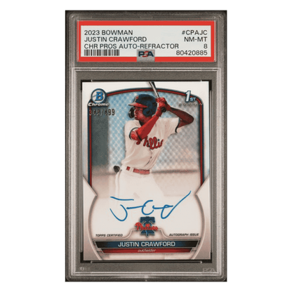 Justin Crawford PSA 8 2023 Topps Bowman Chrome Prospects Autograph Refractor #d/ 499 Card #CPAJC