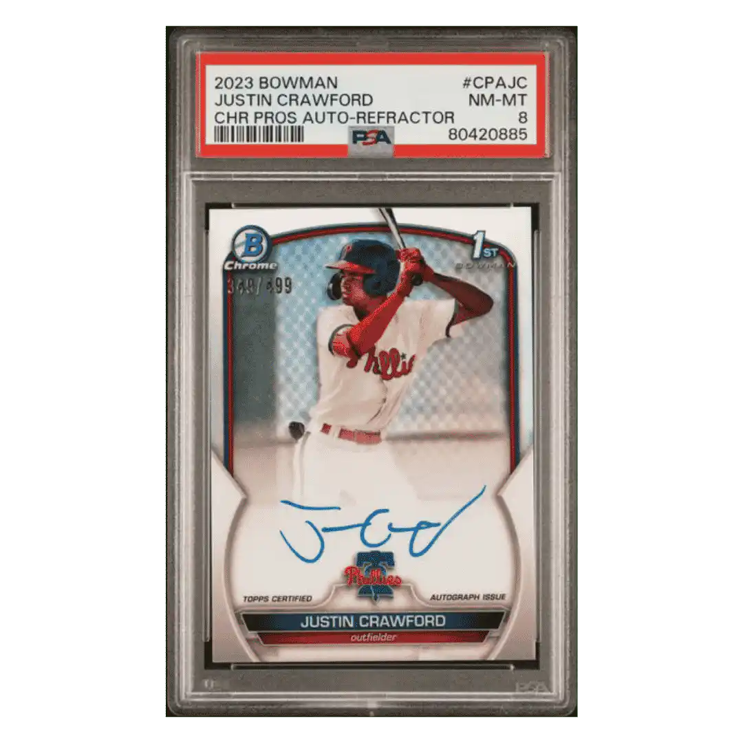 Justin Crawford PSA 8 2023 Topps Bowman Chrome Prospects Autograph Refractor #d/ 499 Card #CPAJC