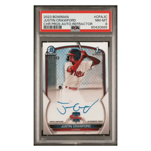 Justin Crawford PSA 8 2023 Topps Bowman Chrome Prospects Autograph Refractor #d/ 499 Card #CPAJC