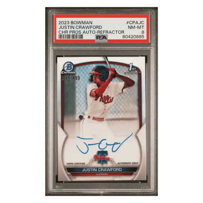 Justin Crawford PSA 8 2023 Topps Bowman Chrome Prospects Autograph Refractor #d/ 499 Card #CPAJC