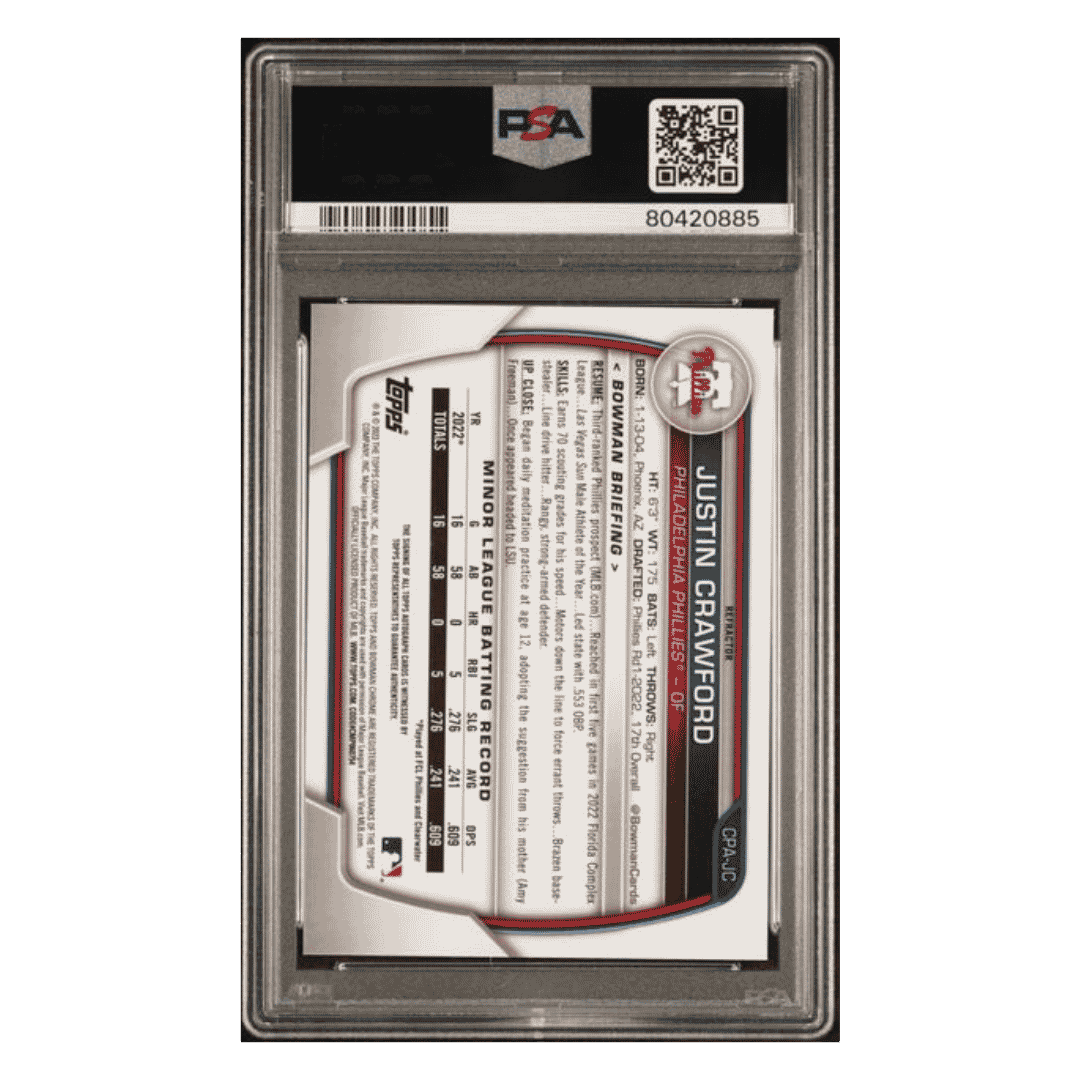 Justin Crawford PSA 8 2023 Topps Bowman Chrome Prospects Autograph Refractor #d/ 499 Card #CPAJC