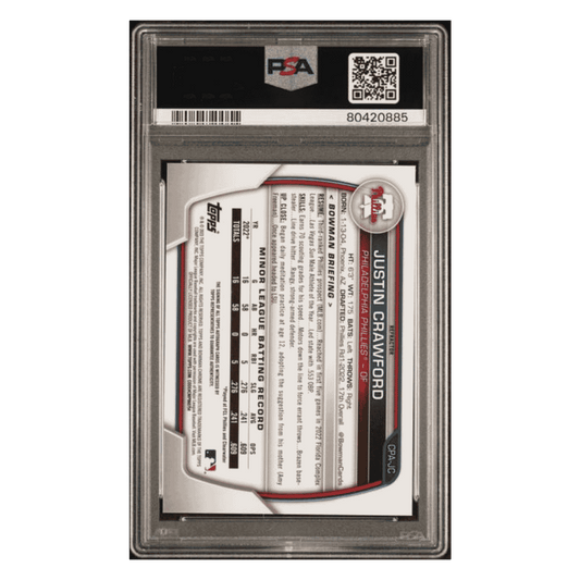 Justin Crawford PSA 8 2023 Topps Bowman Chrome Prospects Autograph Refractor #d/ 499 Card #CPAJC