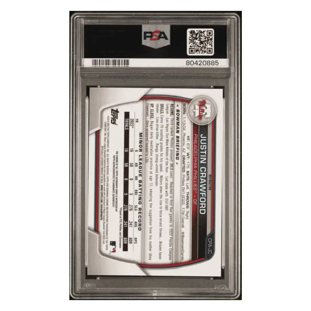 Justin Crawford PSA 8 2023 Topps Bowman Chrome Prospects Autograph Refractor #d/ 499 Card #CPAJC