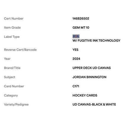 Jordan Binnington PSA 10 2024 Upper Deck Canvas - Black & White Card #C171