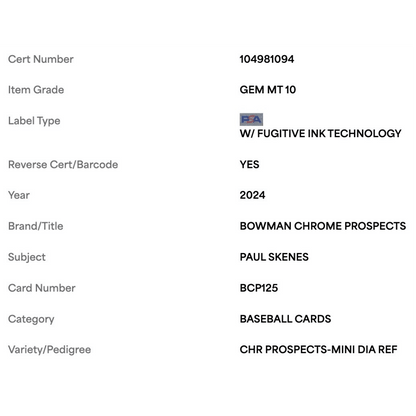 Paul Skenes PSA 10 2024 Bowman Chrome Prospects Mini Diamond Refractor Card #BCP125