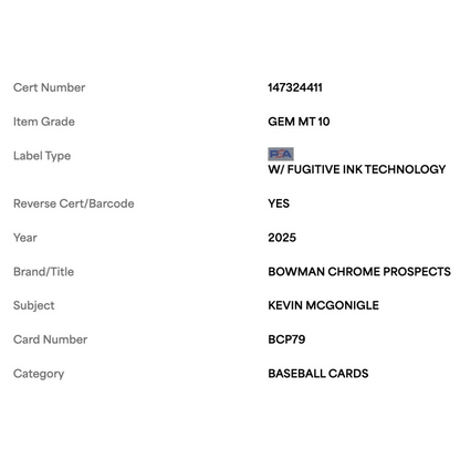 Kevin McGonigle PSA 10 2025 Bowman Chrome Prospects Card #BCP79