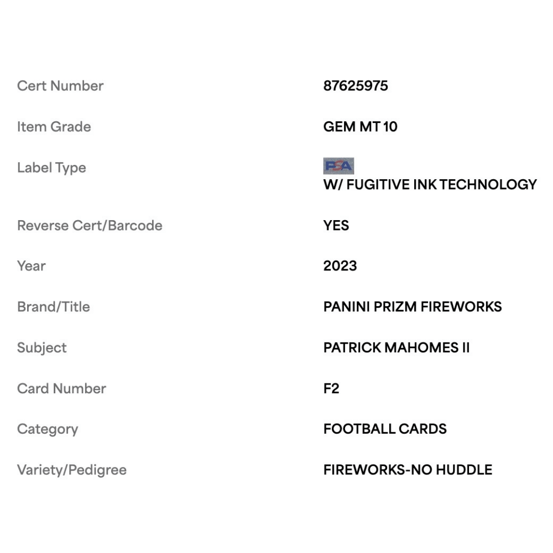 Patrick Mahomes PSA 10 2023 Panini Prizm Fireworks - No Huddle Card #F2