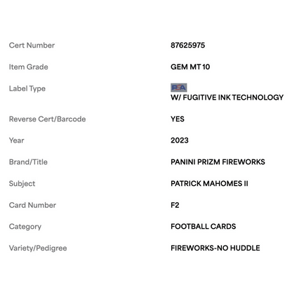 Patrick Mahomes PSA 10 2023 Panini Prizm Fireworks - No Huddle Card #F2