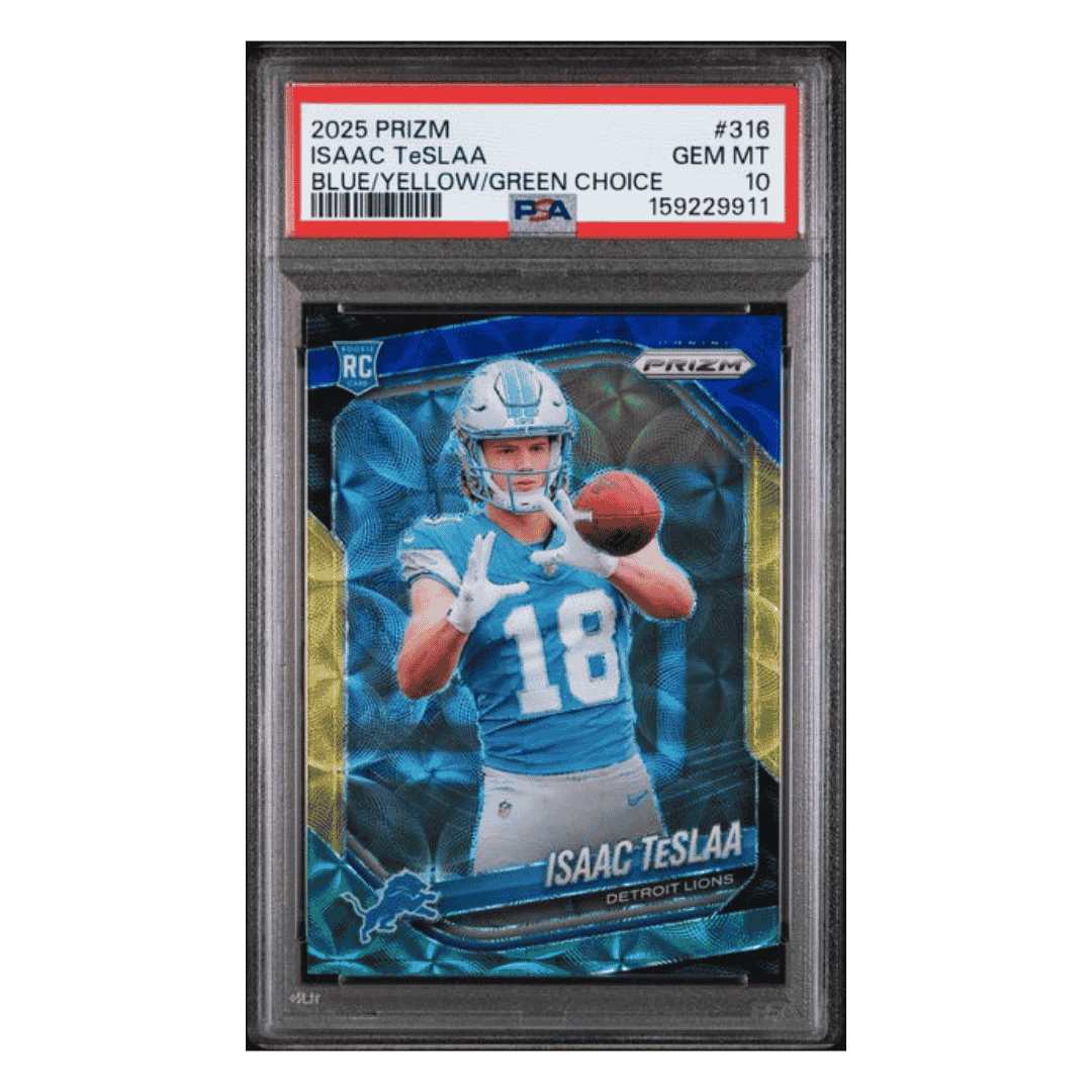 Isaac Teslaa PSA 10 2025 Panini Prizm Blue/ Yellow/ Green Choice Rookie RC Card #316