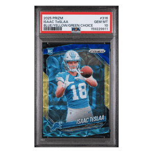 Isaac Teslaa PSA 10 2025 Panini Prizm Blue/ Yellow/ Green Choice Rookie RC Card #316