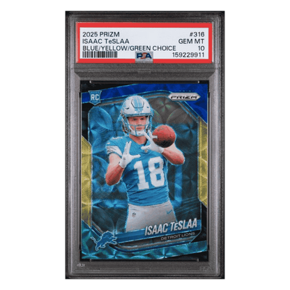 Isaac Teslaa PSA 10 2025 Panini Prizm Blue/ Yellow/ Green Choice Rookie RC Card #316