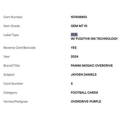 Jayden Daniels PSA 10 2024 Panini Mosaic Overdrive Purple Rookie RC #d/ 49 Card #5