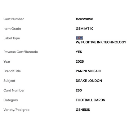 Drake London PSA 10 2025 Panini Mosaic Genesis Case Hit Card #250