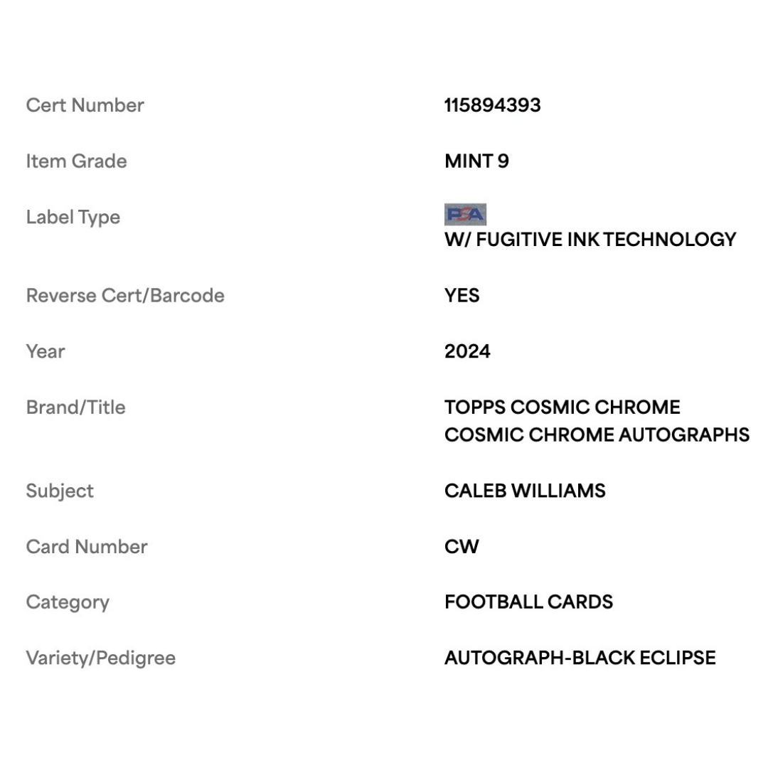 Caleb Williams PSA 9 2024 Topps Cosmic Chrome Autograph Black Eclipse Rookie RC #d/ 10 Card #CW