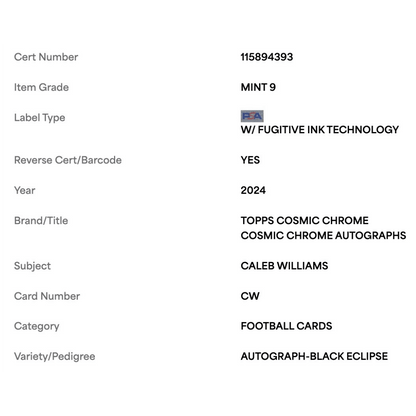 Caleb Williams PSA 9 2024 Topps Cosmic Chrome Autograph Black Eclipse Rookie RC #d/ 10 Card #CW