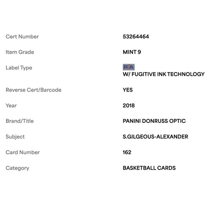 Shai Gilgeous-Alexander PSA 9 2018 Panini Donruss Optic Rated Rookie Card #162