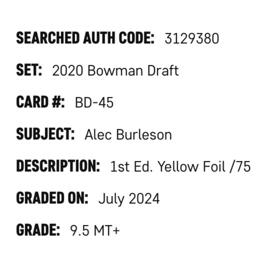 Alec Burleson SGC 9.5 2020 Bowman Draft 1st Edition Yellow Foil #d/ 75 Card #BD-45