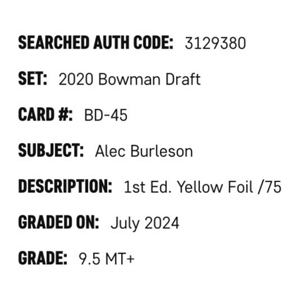 Alec Burleson SGC 9.5 2020 Bowman Draft 1st Edition Yellow Foil #d/ 75 Card #BD-45