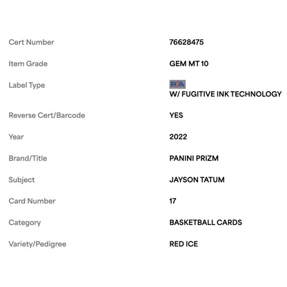 Jayson Tatum PSA 10 2022 Panini Prizm Red Ice Card #17