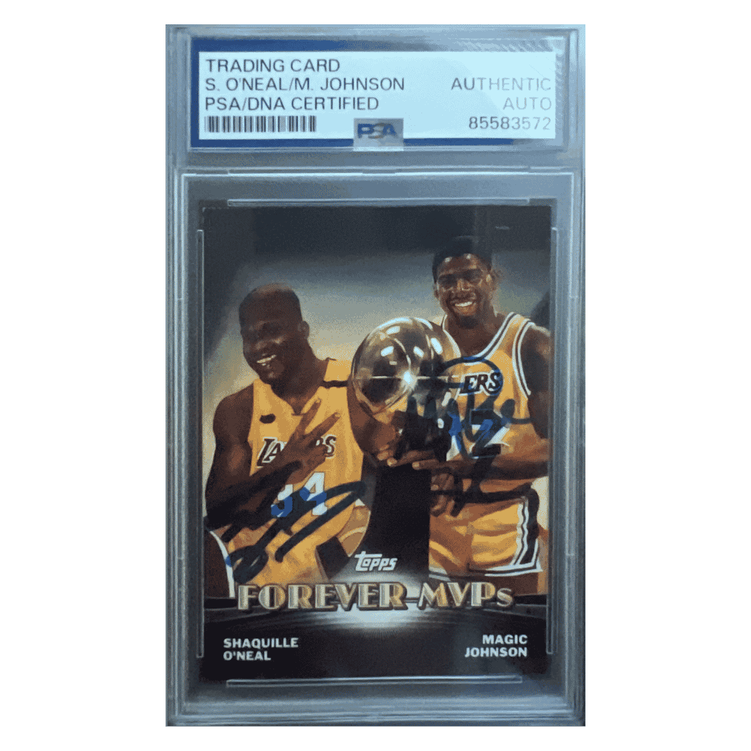 Shaquille O'Neal & Magic Johnson 2000 Topps Forever MVPs Dual Autograph Card #TC6