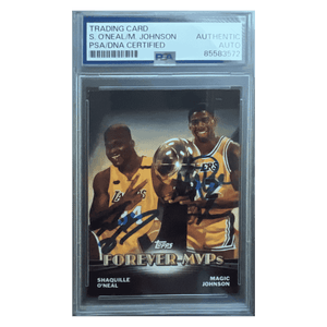 Shaquille O'Neal & Magic Johnson 2000 Topps Forever MVPs Dual Autograph Card #TC6
