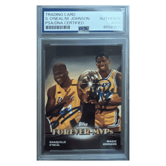 Shaquille O'Neal & Magic Johnson 2000 Topps Forever MVPs Dual Autograph Card #TC6