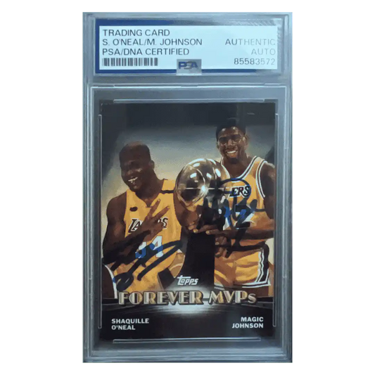 Shaquille O'Neal & Magic Johnson 2000 Topps Forever MVPs Dual Autograph Card #TC6